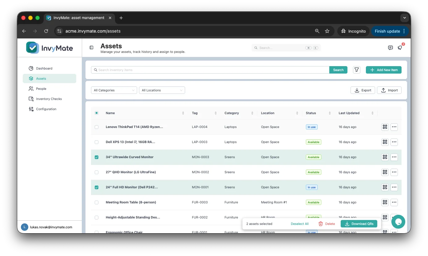 InvyMate dashboard showing asset list and assignments